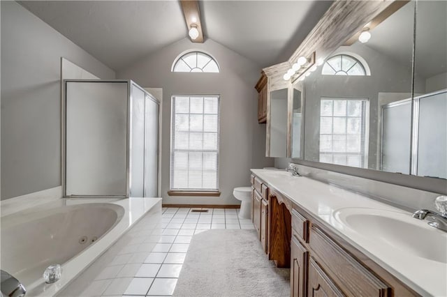 full bathroom with plus walk in shower, vanity, and vaulted ceiling