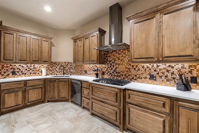 kitchen with sink, wall chimney exhaust hood, stainless steel gas cooktop, black dishwasher, and backsplash