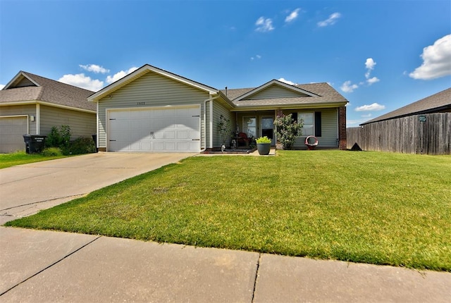 single story home featuring a front yard and a garage