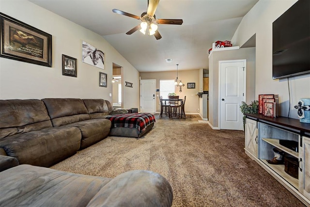 carpeted living room featuring ceiling fan and lofted ceiling