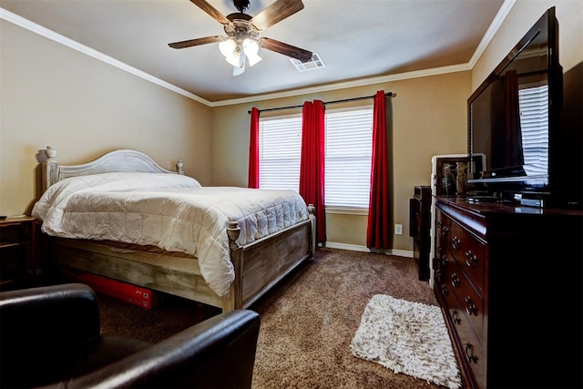 bedroom with carpet, ceiling fan, and crown molding