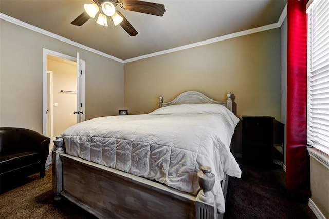 carpeted bedroom featuring ceiling fan and ornamental molding