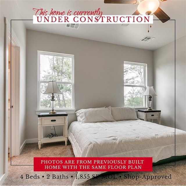 carpeted bedroom featuring ceiling fan