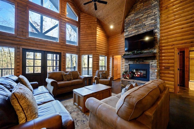 living room featuring ceiling fan, wood ceiling, a fireplace, and high vaulted ceiling