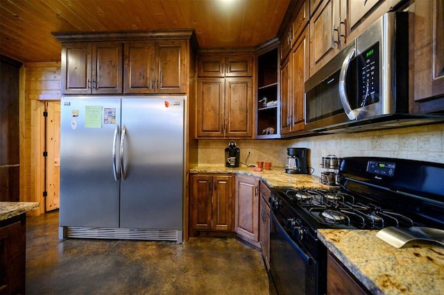 kitchen featuring light stone countertops, wood ceiling, and appliances with stainless steel finishes