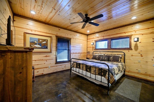 bedroom with ceiling fan, wood walls, and wood ceiling