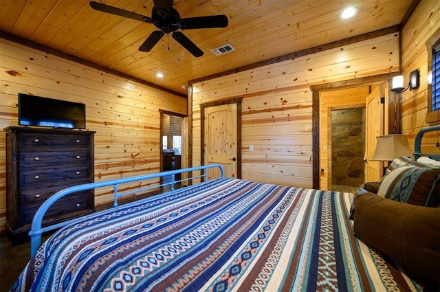 bedroom with ceiling fan, wooden walls, and wood ceiling