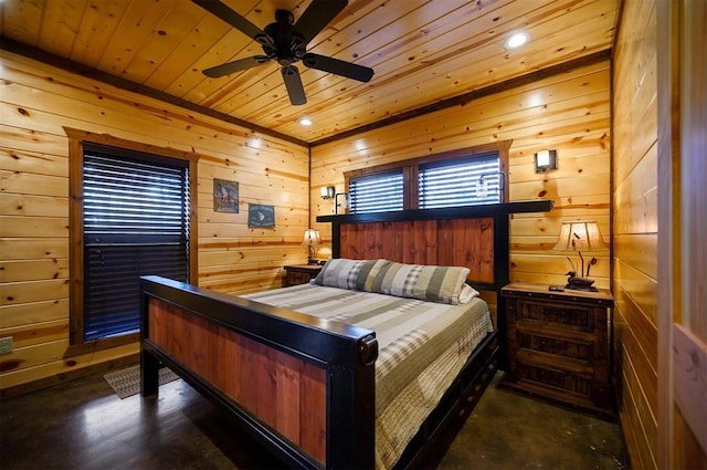 bedroom with ceiling fan, wooden ceiling, and wood walls