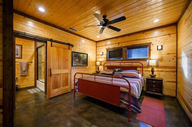 bedroom featuring a barn door, ceiling fan, wooden ceiling, and wood walls