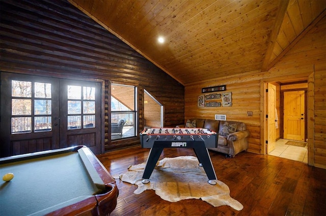 rec room with high vaulted ceiling, billiards, rustic walls, wood-type flooring, and wood ceiling