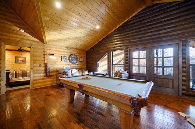 game room featuring rustic walls, high vaulted ceiling, billiards, wood-type flooring, and wood ceiling