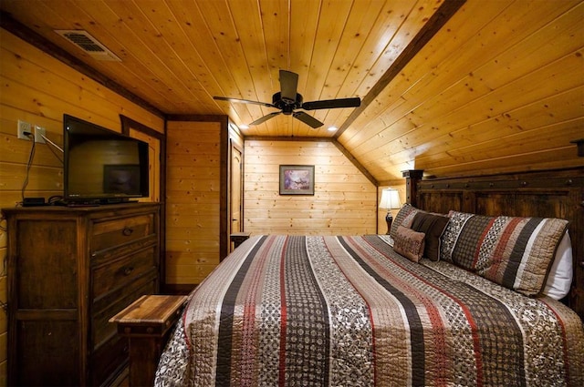 bedroom featuring lofted ceiling, ceiling fan, wood walls, and wood ceiling