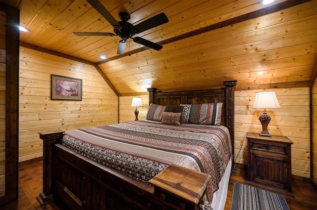 bedroom with dark wood-type flooring, wooden walls, vaulted ceiling, ceiling fan, and wood ceiling