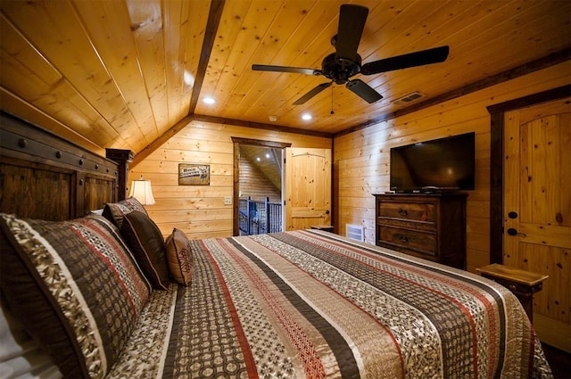 bedroom featuring wood walls, ceiling fan, wooden ceiling, and lofted ceiling