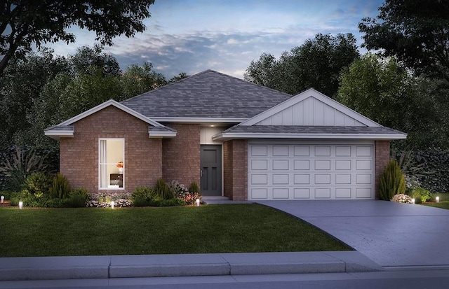 ranch-style home with an attached garage, brick siding, a shingled roof, a lawn, and board and batten siding