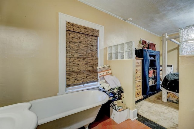 bathroom featuring a bathtub and ornamental molding