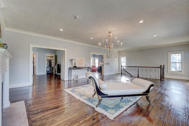 dining space featuring a wealth of natural light, dark wood-type flooring, and ornamental molding