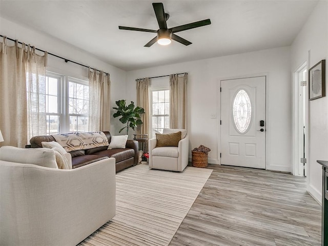 living room with ceiling fan, a wealth of natural light, and light hardwood / wood-style flooring