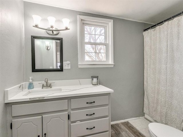 bathroom with hardwood / wood-style floors, vanity, and toilet