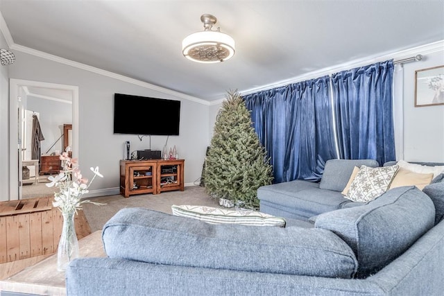 carpeted living room featuring ornamental molding