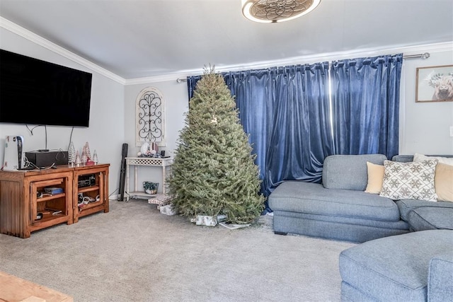 living room with crown molding and carpet