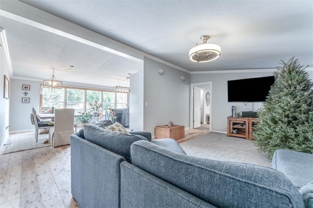 living room with a textured ceiling and crown molding