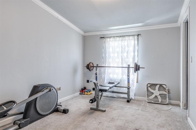 exercise room with crown molding and light carpet