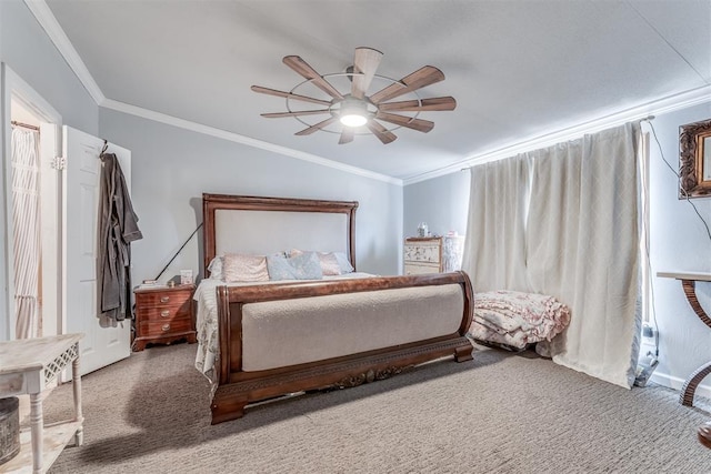 bedroom with ceiling fan, carpet, vaulted ceiling, and ornamental molding