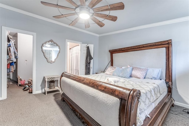 carpeted bedroom featuring ceiling fan and ornamental molding