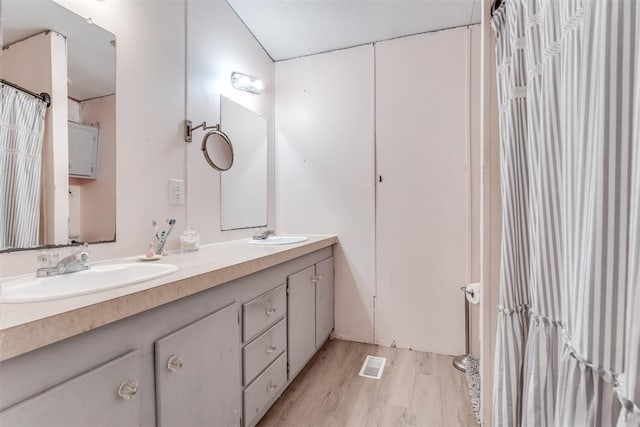 bathroom with hardwood / wood-style floors and vanity