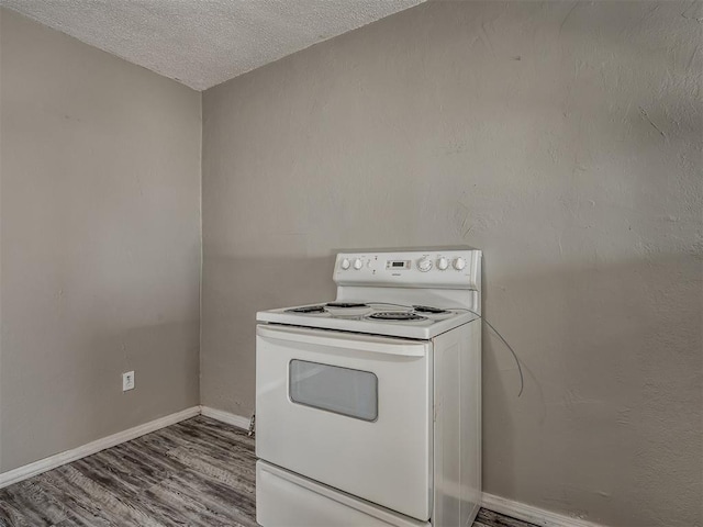 kitchen featuring wood-type flooring, a textured ceiling, and white electric stove