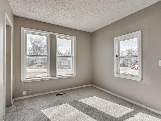 empty room with light colored carpet and a textured ceiling