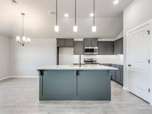 kitchen with stainless steel appliances, a sink, visible vents, light countertops, and backsplash