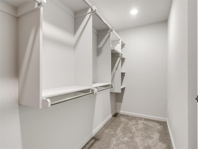 walk in closet with light carpet