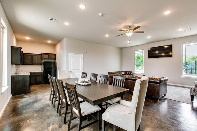 dining area featuring sink, a wealth of natural light, and ceiling fan