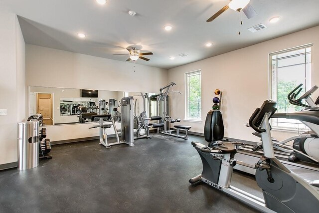 gym featuring ceiling fan