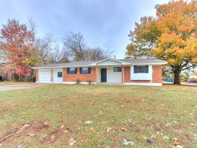 single story home featuring covered porch, a garage, and a front lawn