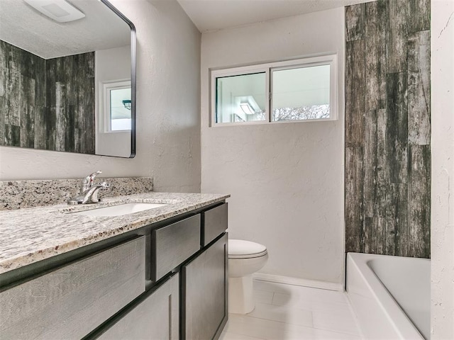 full bathroom featuring tile patterned flooring, vanity, toilet, and plus walk in shower