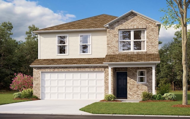 view of front of property featuring a garage and a front yard