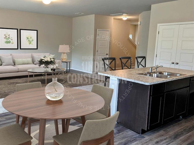 kitchen featuring light stone counters, sink, dark wood-type flooring, and a center island with sink