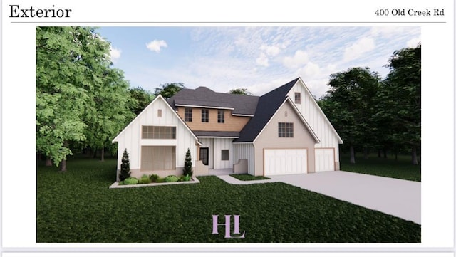 modern inspired farmhouse featuring a garage and a front lawn