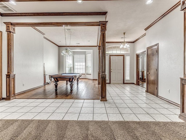 playroom with light hardwood / wood-style flooring, ornamental molding, and pool table