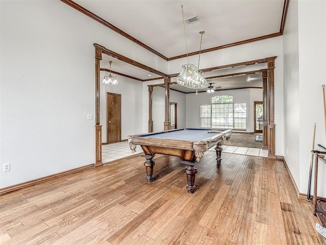 rec room with ceiling fan, light hardwood / wood-style flooring, ornamental molding, and billiards