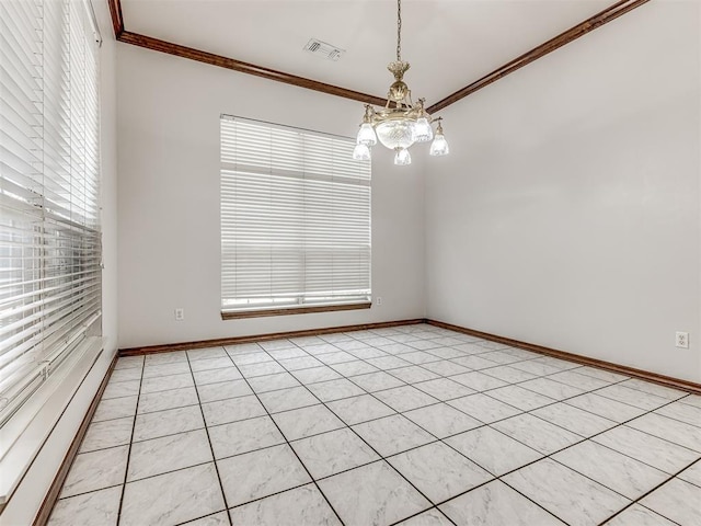 empty room featuring a chandelier, light tile patterned floors, a baseboard radiator, and ornamental molding