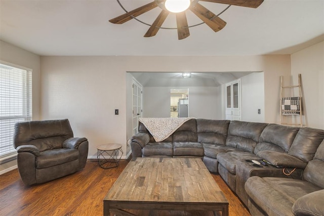 living room with french doors, hardwood / wood-style flooring, and ceiling fan