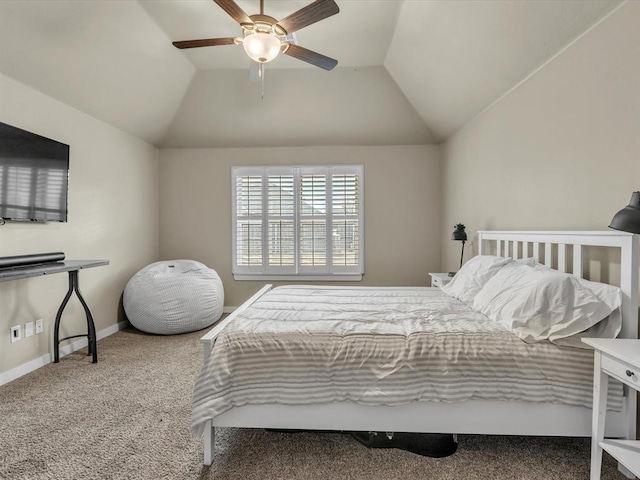 bedroom featuring carpet, vaulted ceiling, and ceiling fan