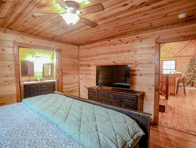 bedroom featuring hardwood / wood-style flooring, ceiling fan, wood walls, and wooden ceiling