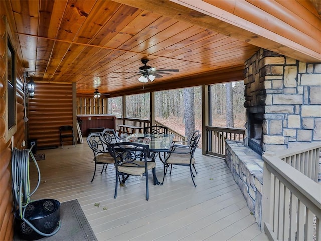 sunroom / solarium featuring ceiling fan and wooden ceiling