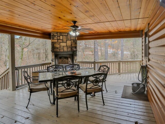 sunroom with wooden ceiling, ceiling fan, and a healthy amount of sunlight