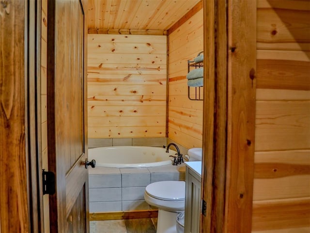 527 High Peak Trl, Broken Bow, OK 74728 - full bath featuring wood ceiling, a garden tub, toilet, wooden walls, and vanity